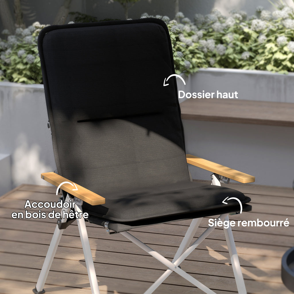 Chaise de camping chaise de pêche pliante, dossier haut, coussin amovible et sac de transport, 59x67x96cm, noir-5