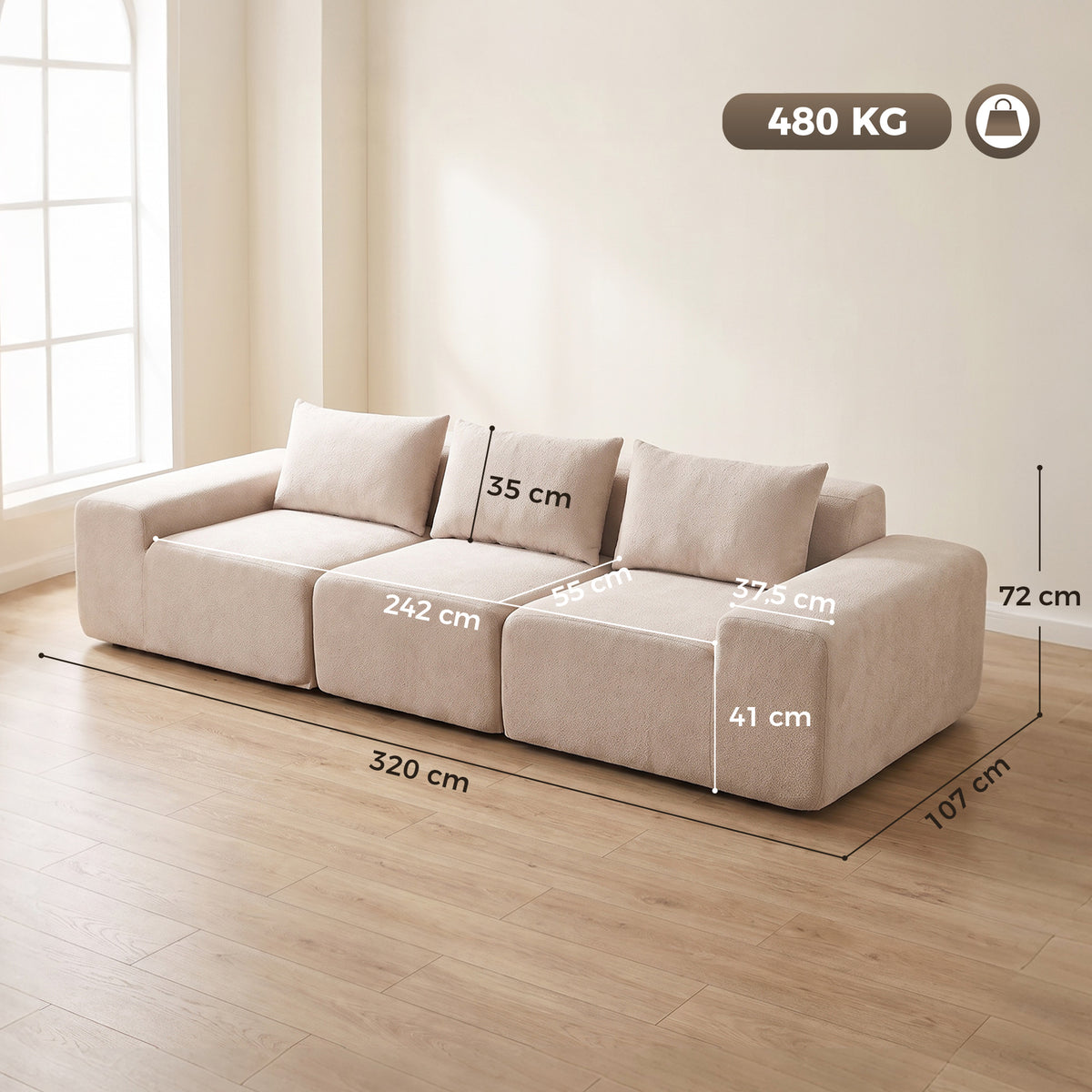 Canapé 3 Places en Chenille 320 cm, Canapé Modulaire, Assise et Accoudoirs Extra-Larges, Entièrement Compressé, Beige-2