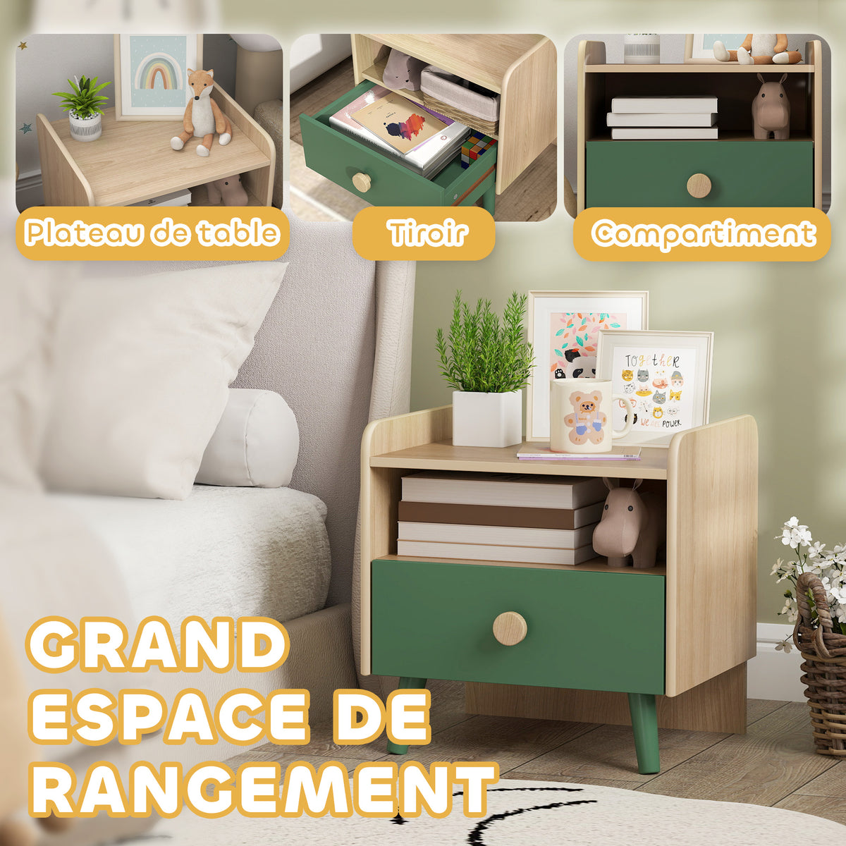 Table de chevet enfant table de nuit enfant avec tiroir et niche, petite table d'appoint en bois pour chambre d'enfant-3