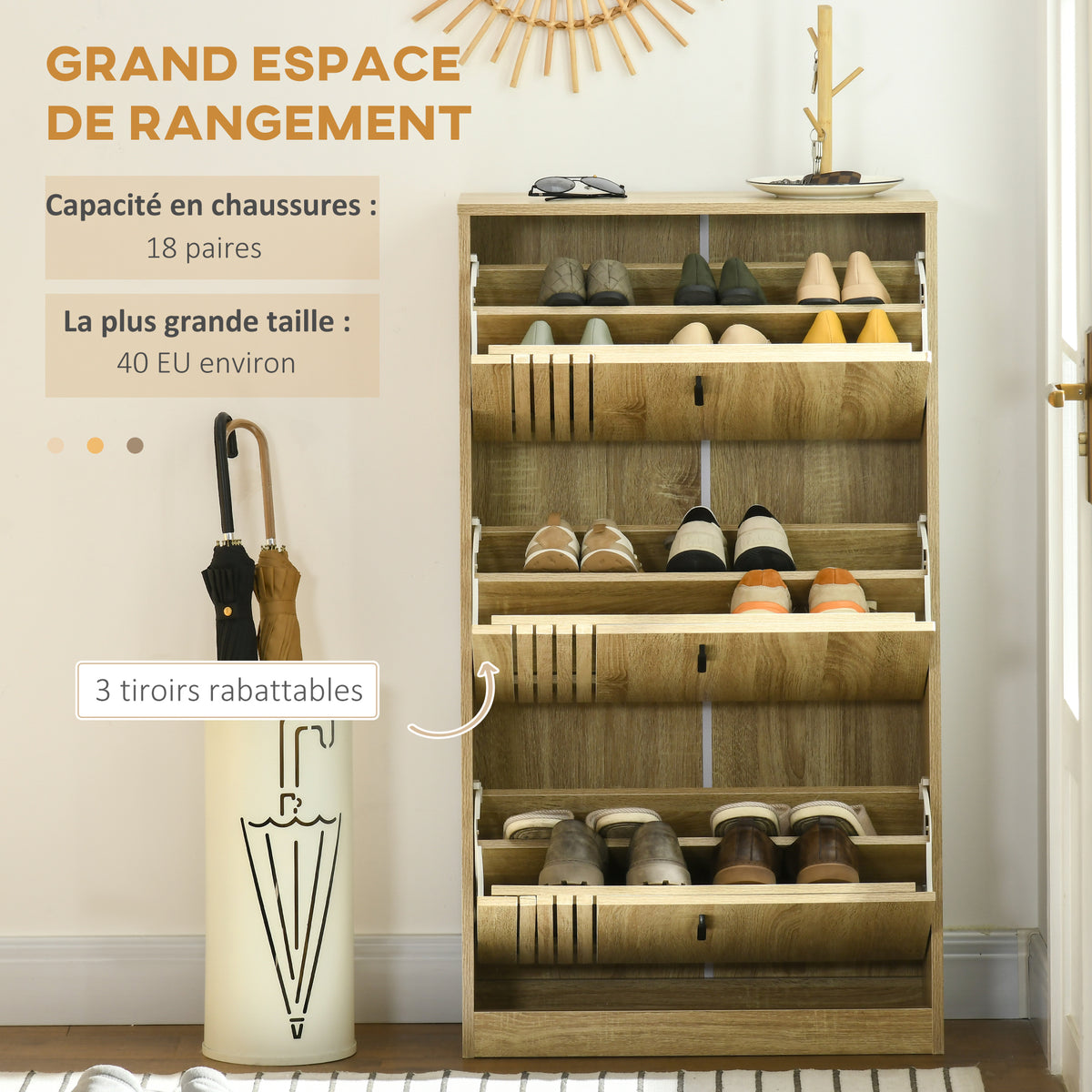 Meuble à chaussures à 3 abattants 18 paires grande capacité pour entrée couloir salon 63 x 24 x 117 cm chêne-3