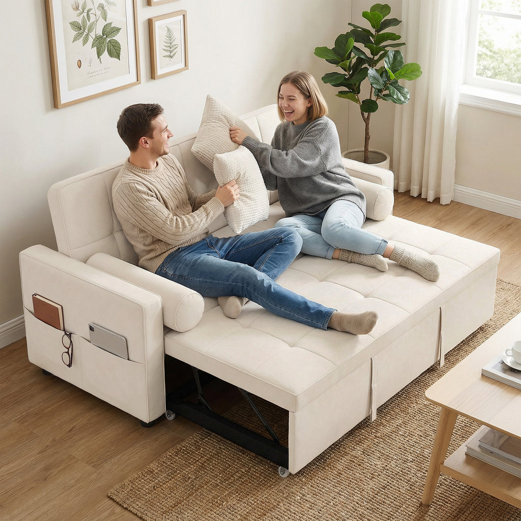 Canapé convertible 2 places 3 en 1 canapé-lit avec lit gigogne double dossier réglable 2 coussins 80,5x137,5x84cm beige-7