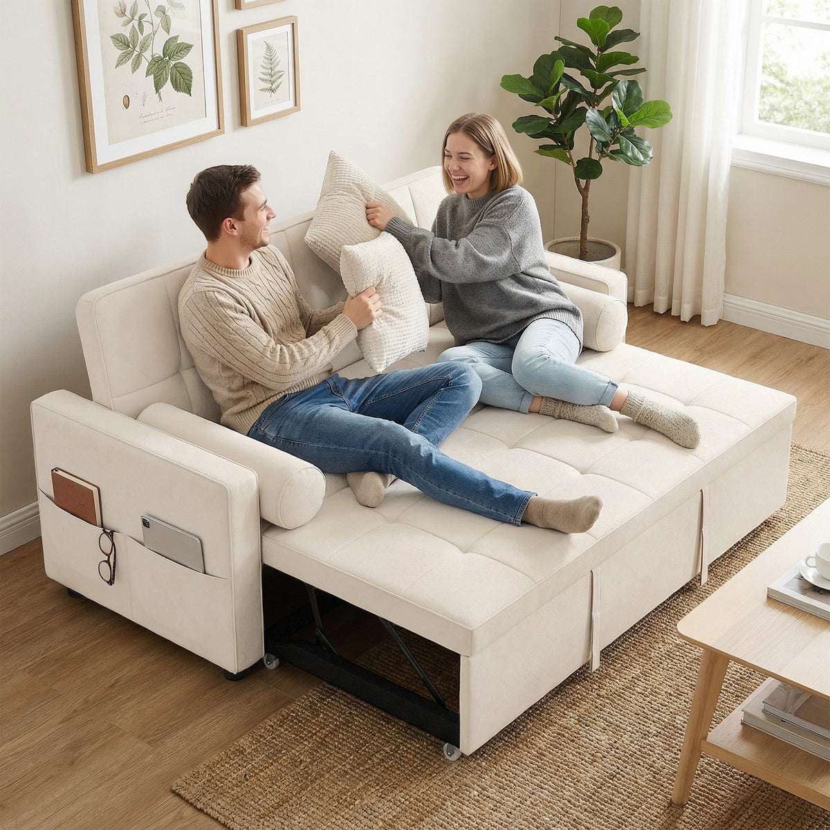 Canapé convertible 2 places 3 en 1 canapé-lit avec lit gigogne double dossier réglable 2 coussins 80,5x137,5x84cm beige-7