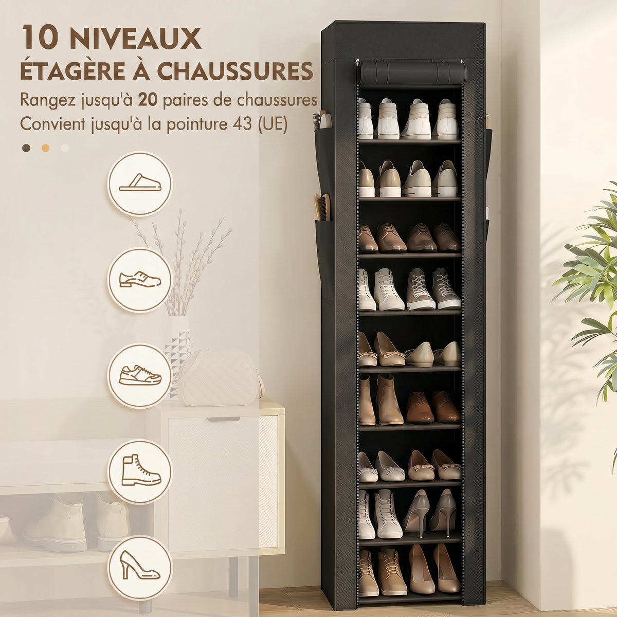 Étagère à Chaussures 20 Paires 10 Niveaux, Range-Chaussures en Métal avec Housse Anti-Poussière, Noir-3