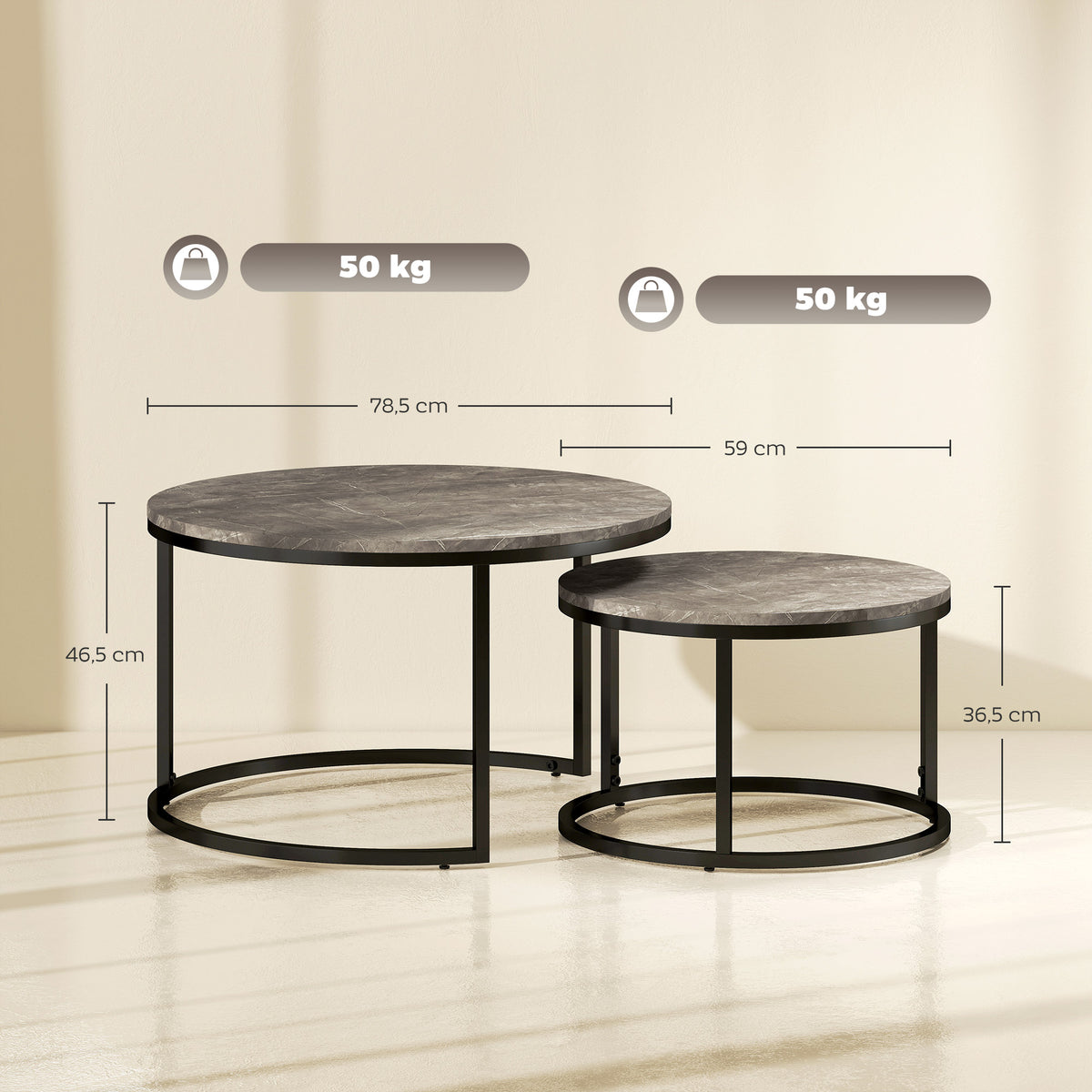 Lot de 2 tables basses gigognes empilable design industriel plateau imitation ciment pieds en métal gris-2