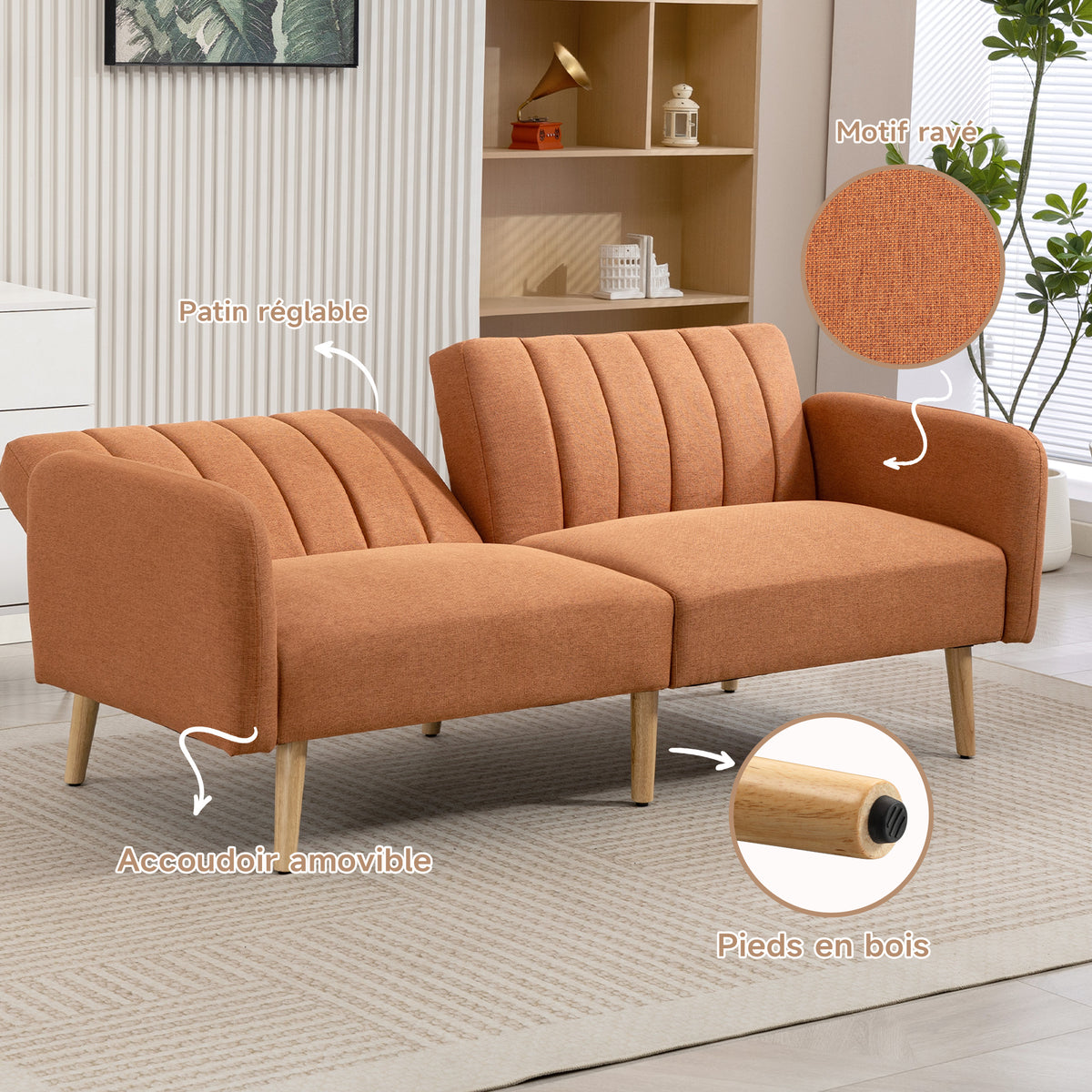 Canapé Convertible 2 Places Design scandinave Dossier inclinable 3 Positions Pieds Bois Tissu Aspect Lin marron-5