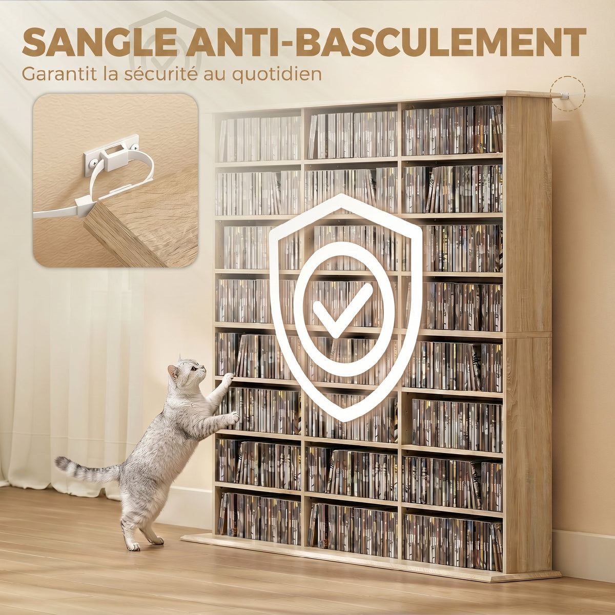Meuble de rangement 1032 CDs / 594 DVDs, étagère multimédia, 24 compartiments et 18 étagères ajustables, chêne-5