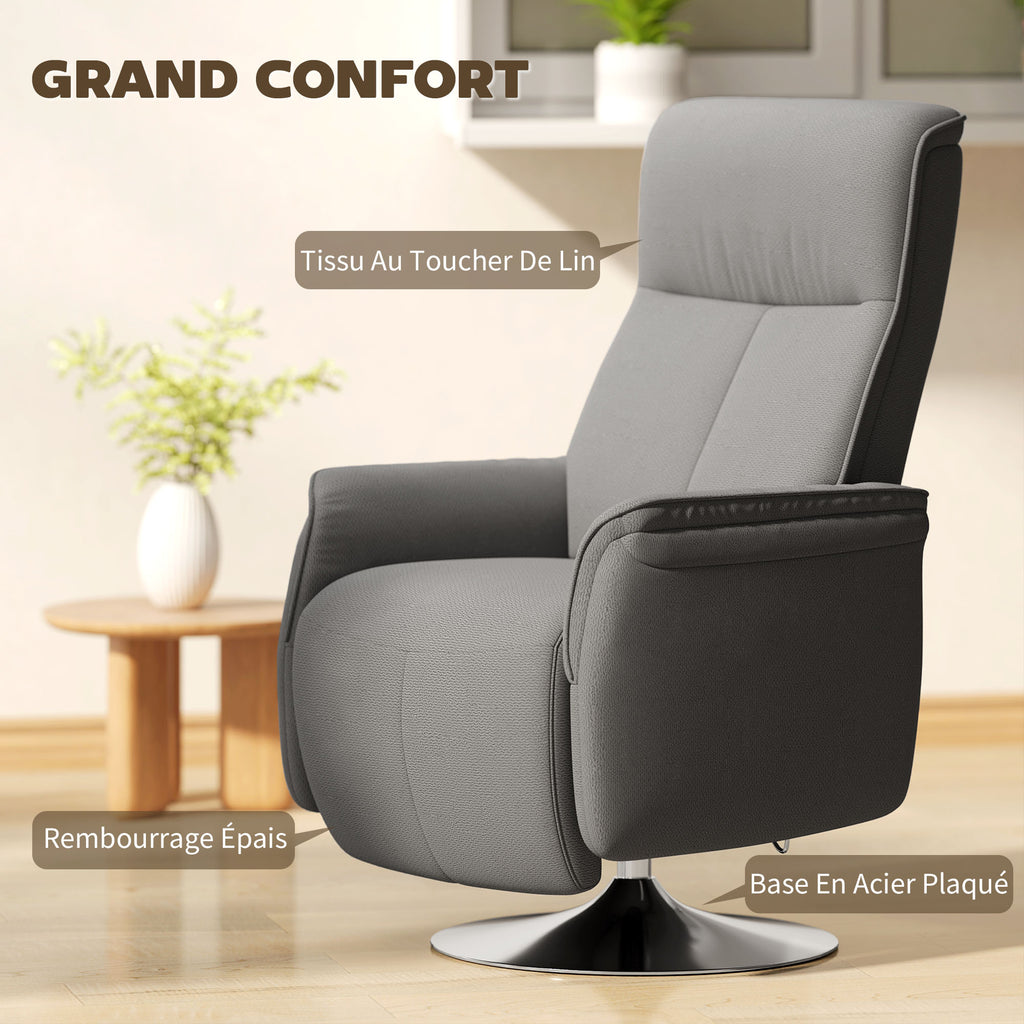 Fauteuil relax massant fauteuil de relaxation inclinable pivotant dossier et repose-pieds réglable 68,5x77x117cm gris-4