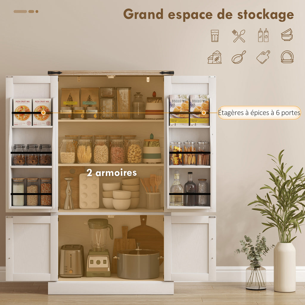 Buffet de cuisine, armoire de cuisine avec 4 portes, 6 porte-épices et étagères réglables, 76,3 x 40 x 136 cm, blanc-3