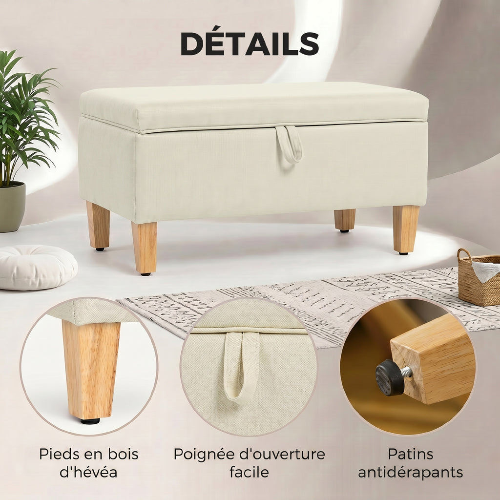 Banc de rangement, bout de lit, repose-pieds rembourré en lin avec pieds en bois de caoutchouc, 71x37x36cm, beige-5
