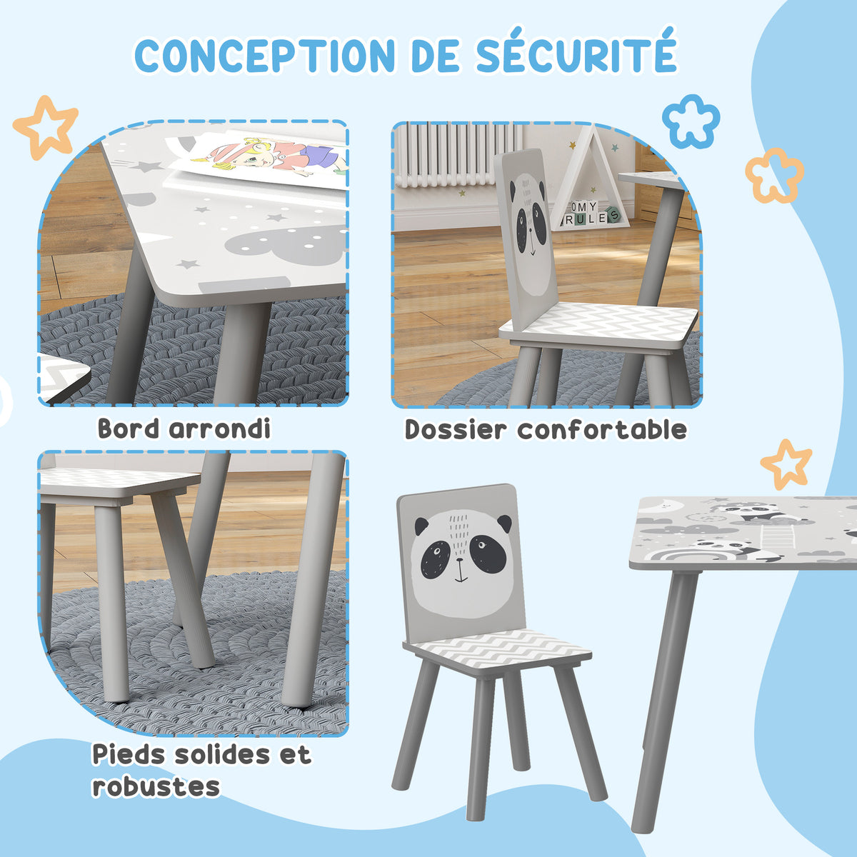 Ensemble table et chaises pour enfants, table pour enfant avec 2 chaises, motif animaux pour chambre à coucher gris-4