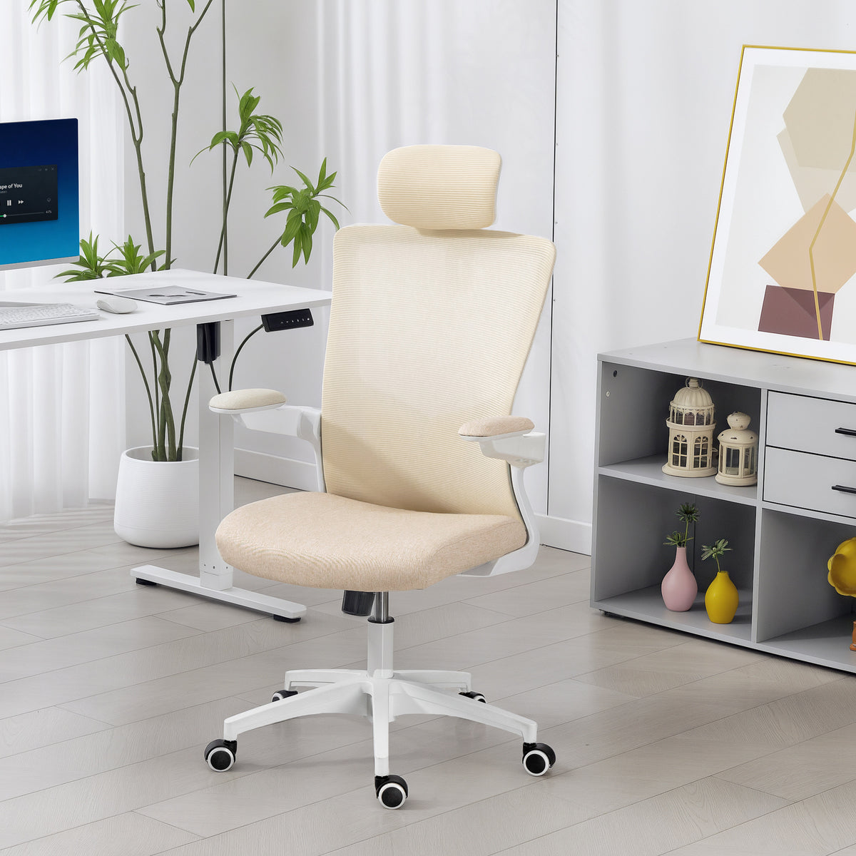 Chaise bureau ergonomique, fauteuil de bureau, accoudoirs relevables, soutien lombaire, appui-tête, 60x63x120cm, beige-9