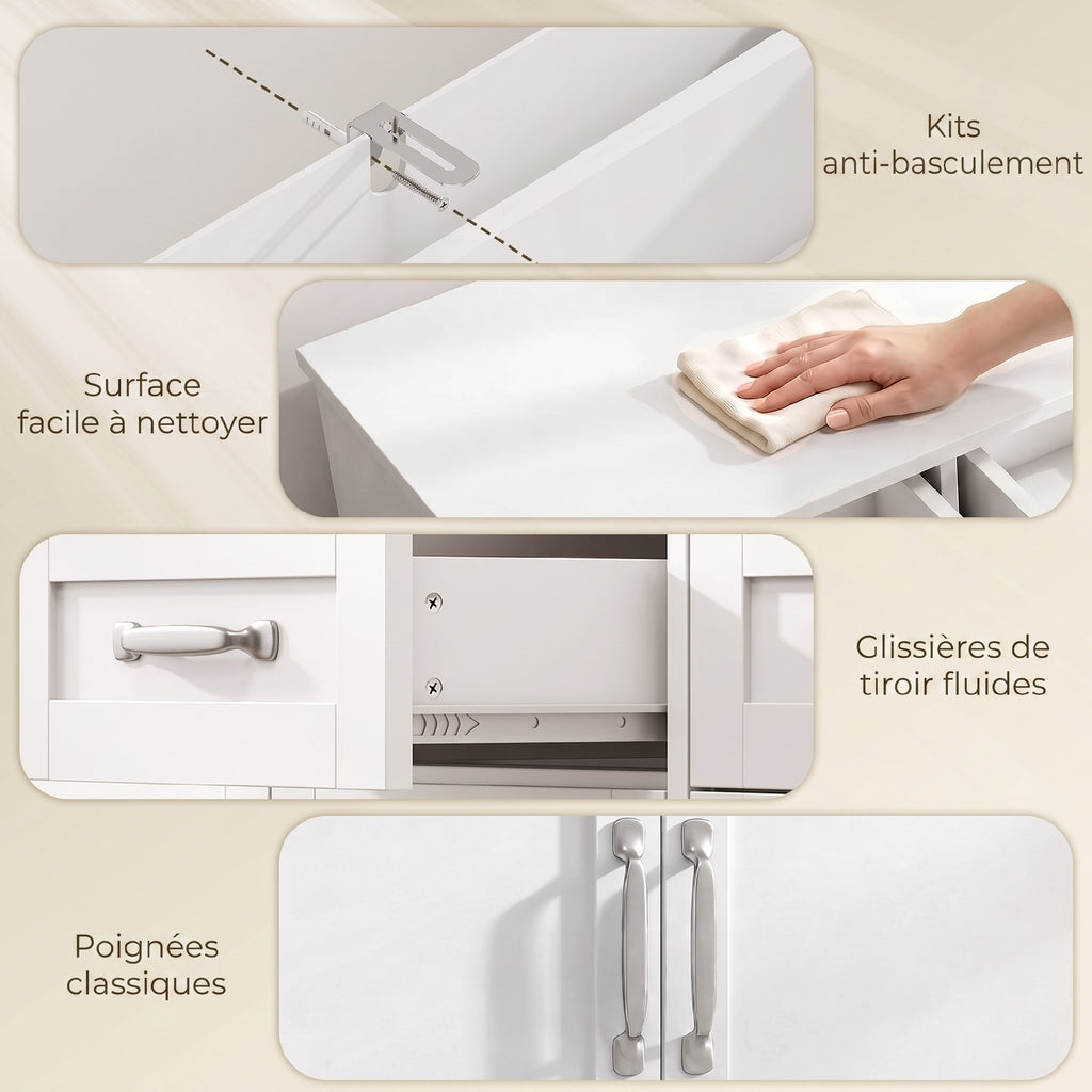 Buffet Cuisine avec Tiroirs, Portes, Étagères Réglables, Style Shaker, Dispositif Anti-Basculement, 140x38x80cm, Blanc-6