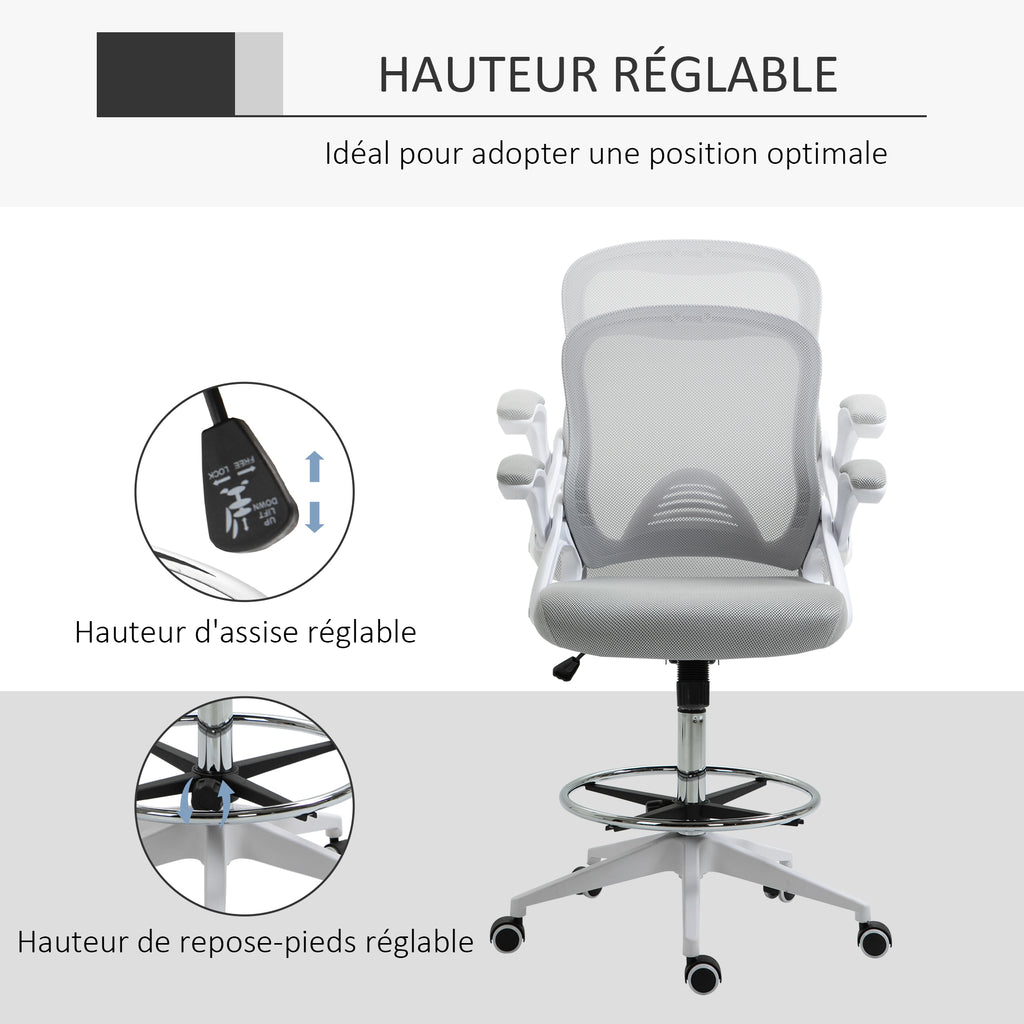 Fauteuil de bureau chaise de bureau assise debout hauteur réglable repose-pieds gris et blanc-3