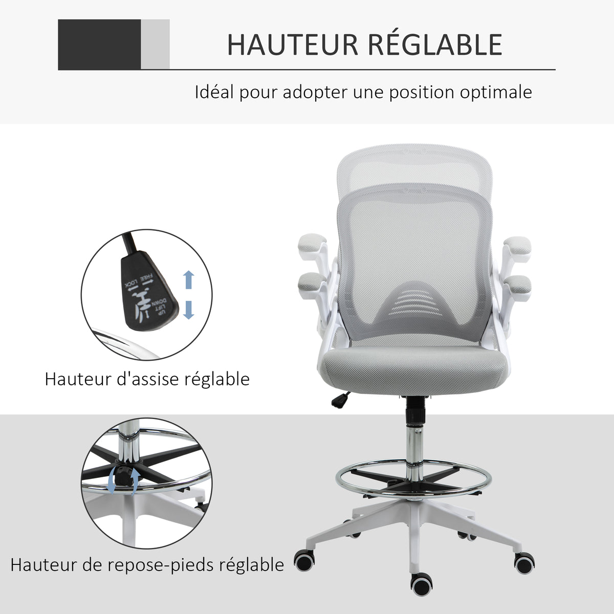 Fauteuil de bureau chaise de bureau assise debout hauteur réglable repose-pieds gris et blanc-3