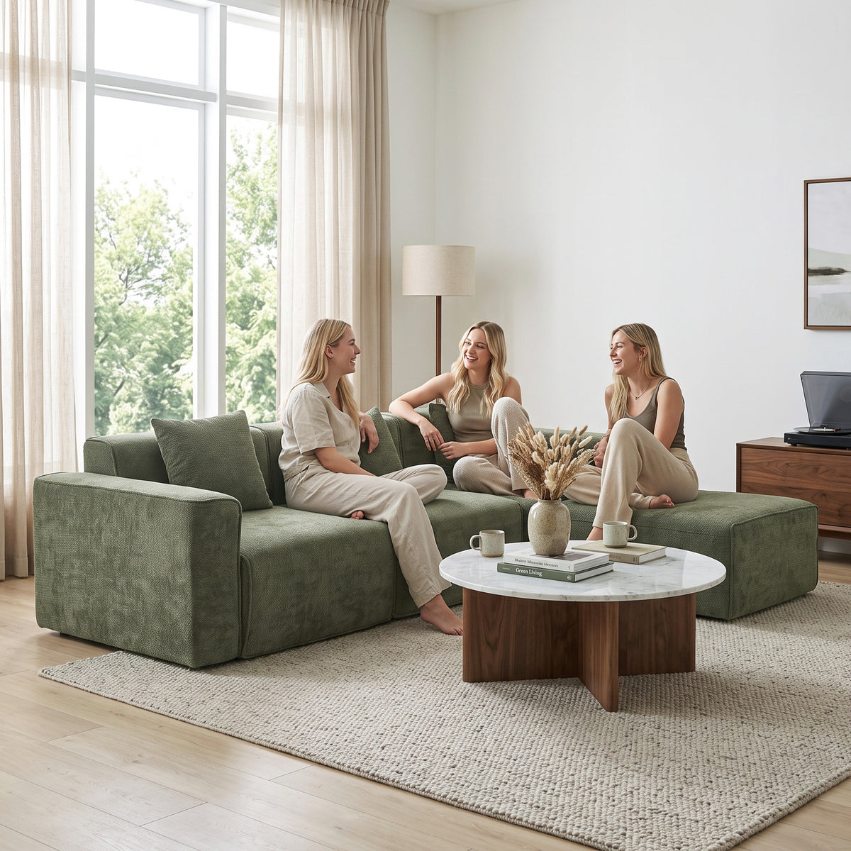 Canapé 3 Places avec Pouf Réversible, Canapé d'Angle Modulable en Chenille 251 cm Moderne, Assise Large, Vert-6