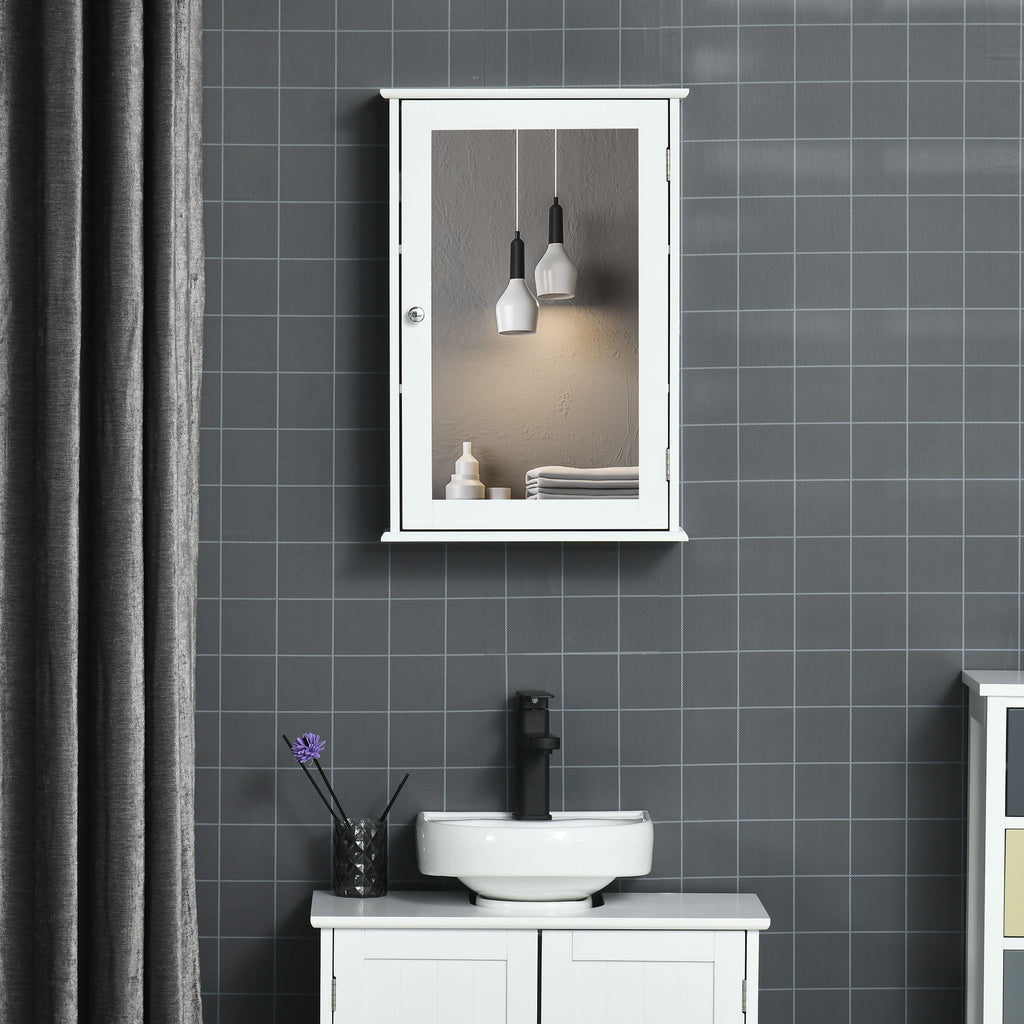 Armoire Murale de Salle de Bain avec Miroir - Armoire à Glace - Placard de Rangement Toilettes - 1 Porte, 2 étagères - Verre MDF Blanc-1