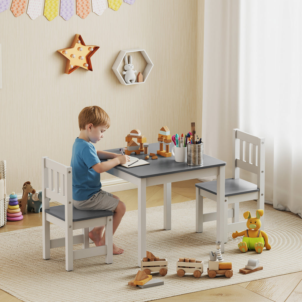 Table enfant avec chaise, lot table et 2 chaises enfant en bois pour dessiner, jouer, étudier, 56x52x48cm, gris-1