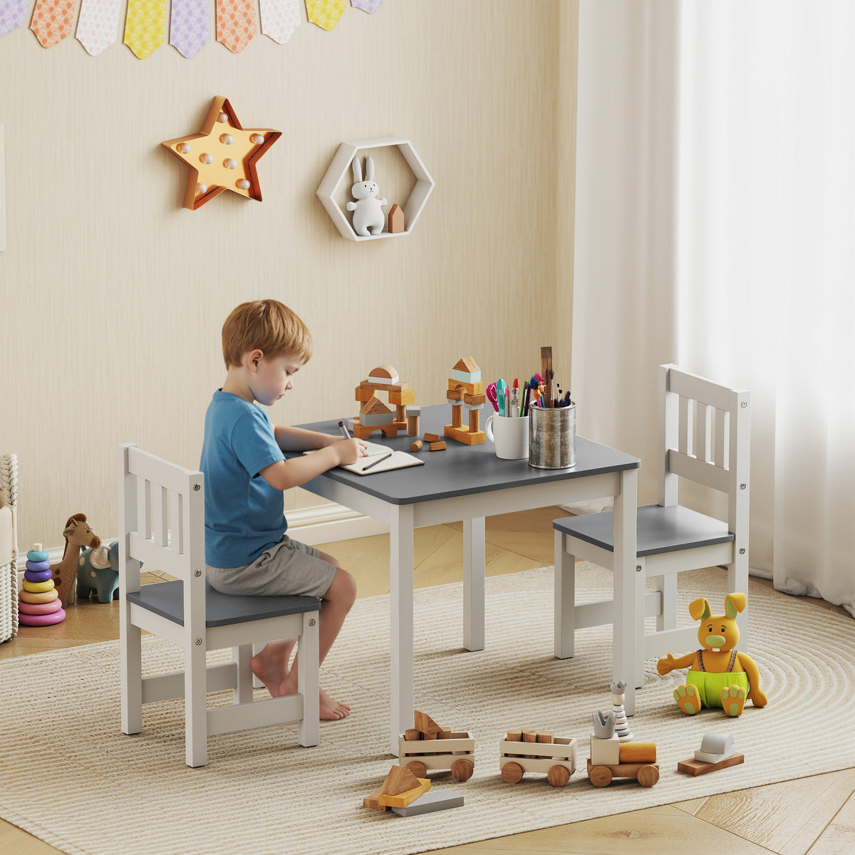 Table enfant avec chaise, lot table et 2 chaises enfant en bois pour dessiner, jouer, étudier, 56x52x48cm, gris-1