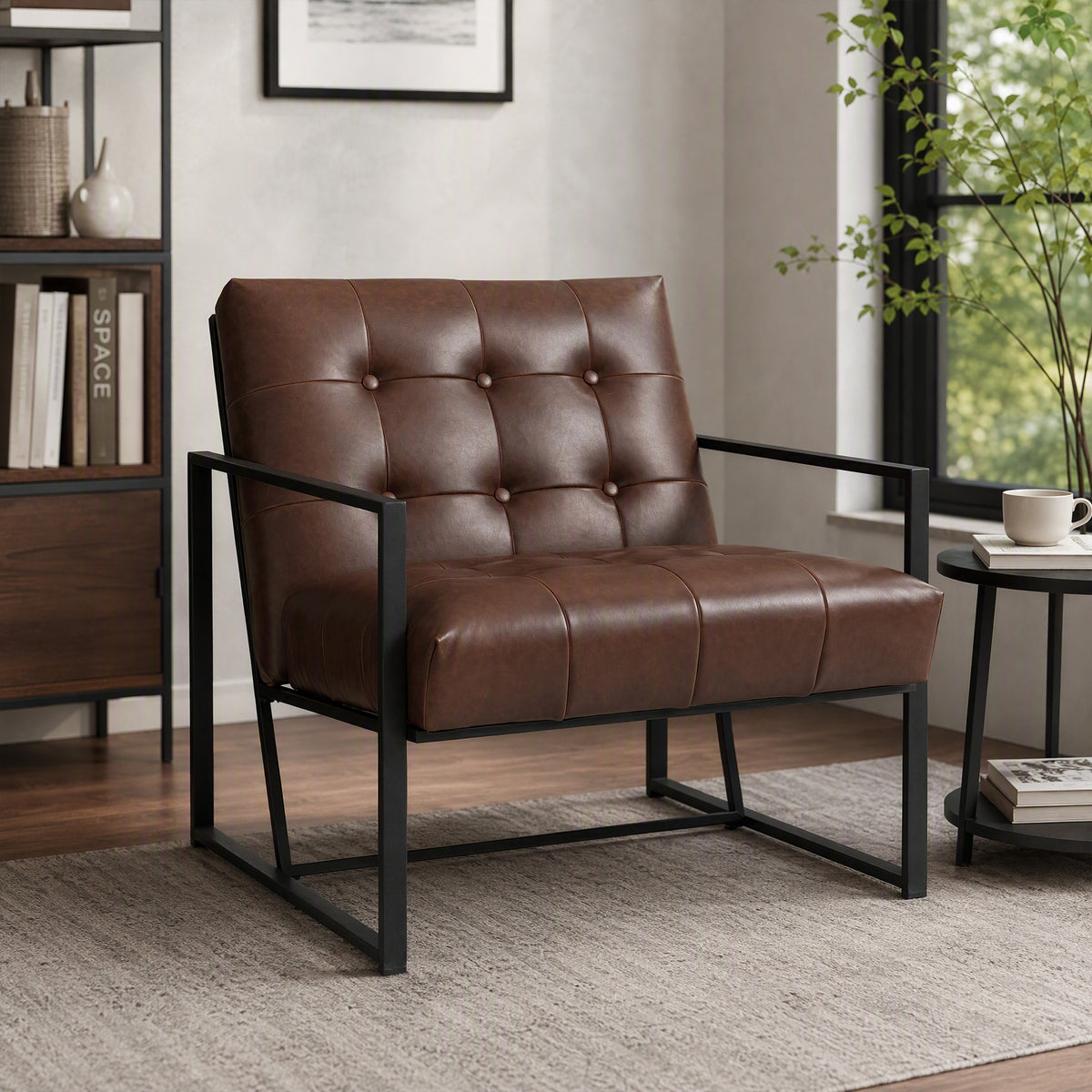 Fauteuil de salon Chesterfield Fauteuil Relax Assise Dossier capitonnés Structure métal Noir revêtement synthétique Chocolat-7