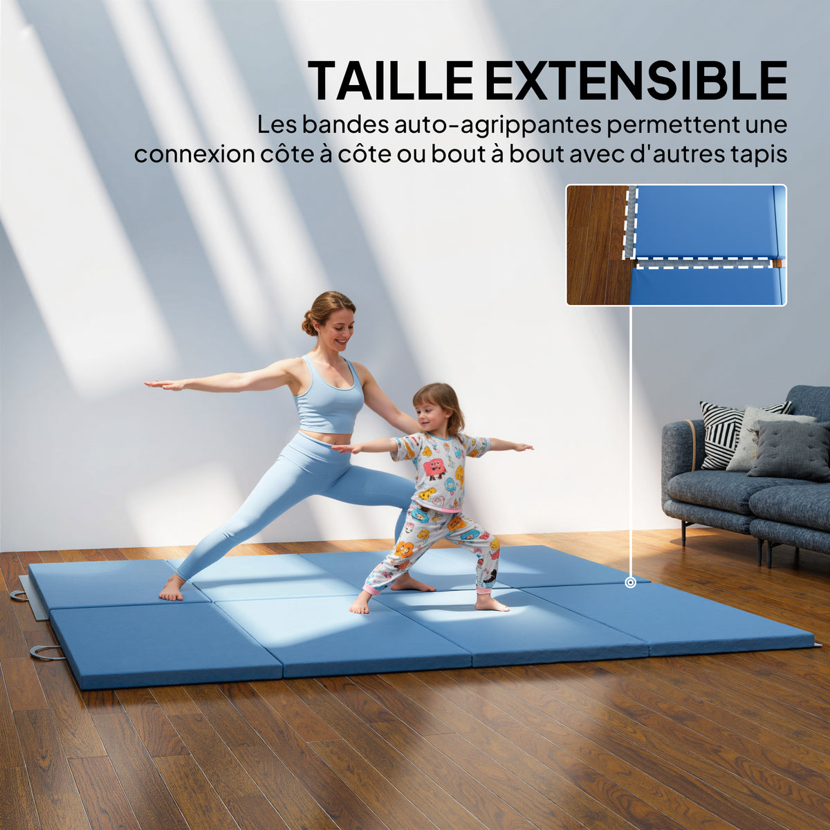 Tapis de gymnastique yoga pilates fitness pliable en 4 avec poignées revêtement synthétique 240 x 120 x 5 cm bleu clair-5