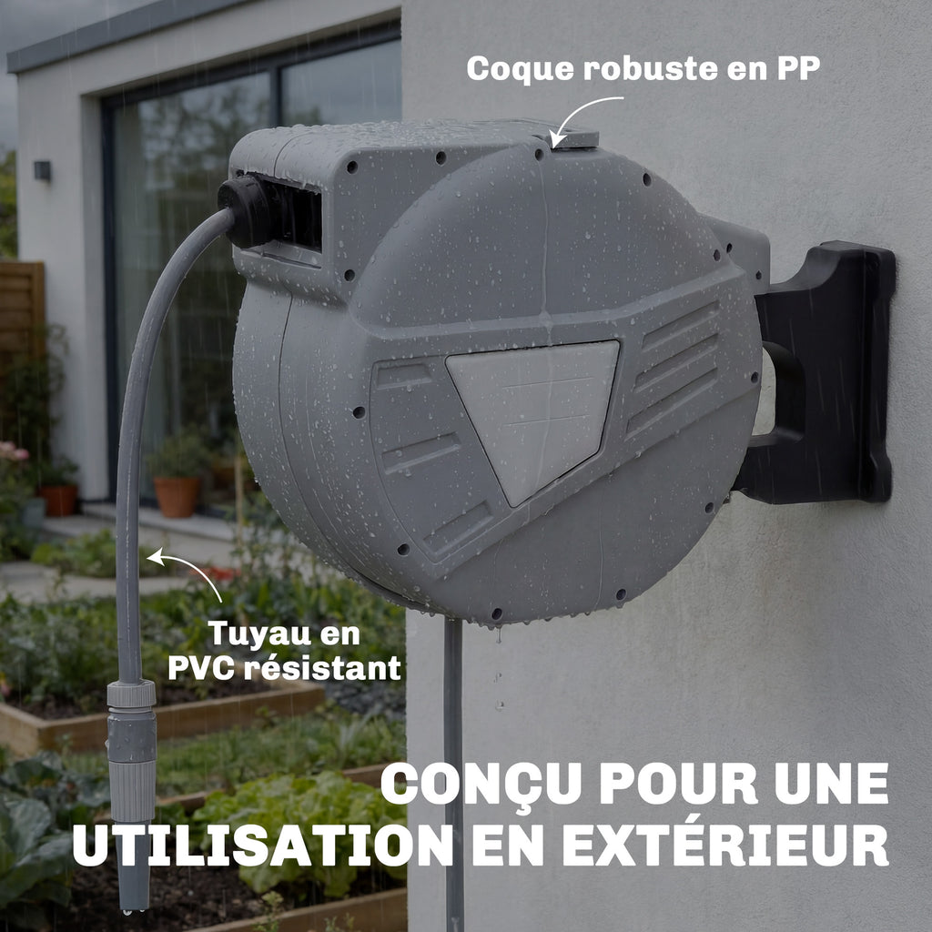 Enrouleur Tuyau Arrosage Mural 40+2 m x Ø 15mm, Dévidoir de Tuyaux d'Eau Rétractable Automatique Pivotant à 180°, Gris-7