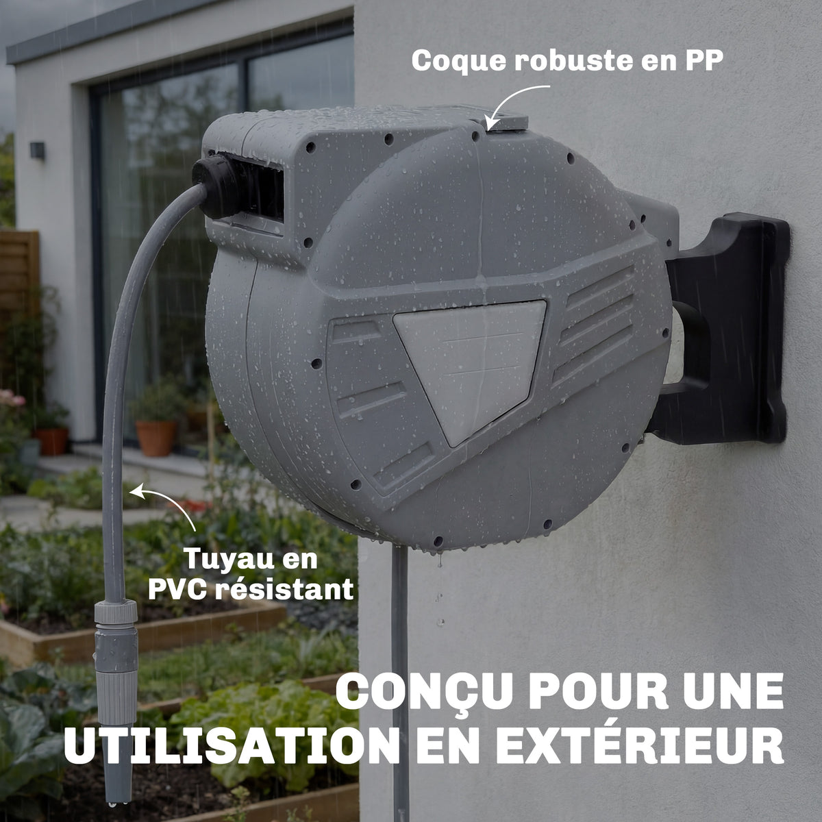 Enrouleur Tuyau Arrosage Mural 40+2 m x Ø 15mm, Dévidoir de Tuyaux d'Eau Rétractable Automatique Pivotant à 180°, Gris-7