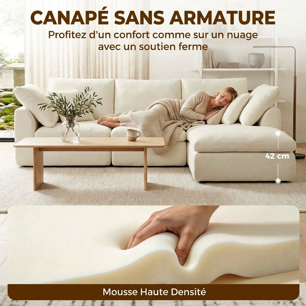 Canapé 3 Places avec Pouf Réversible, Canapé d'Angle Modulable en Chenille 254 cm Moderne, Assise Large, Crème-4