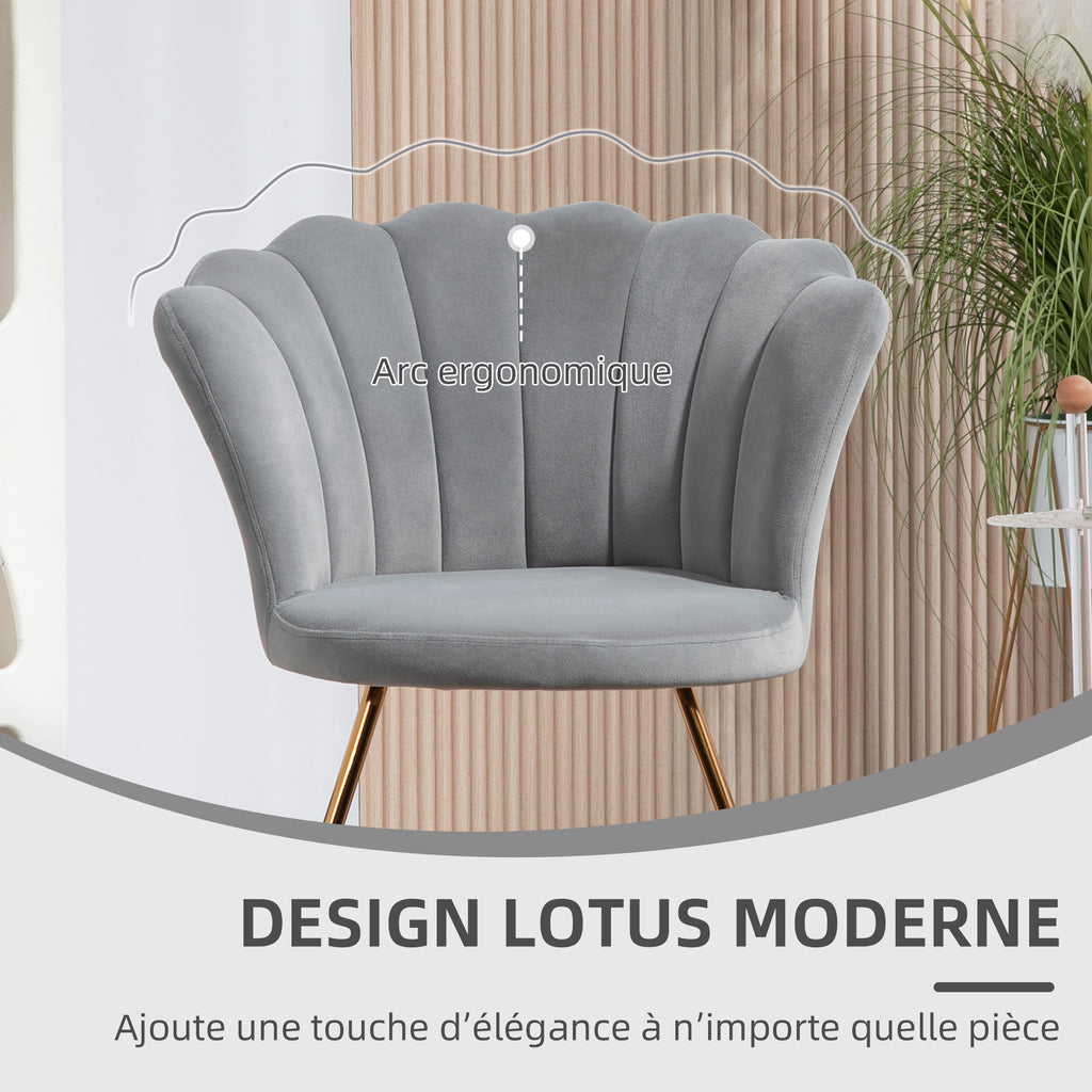 Fauteuil coquillage chaise coiffeuse fauteuil en velours fauteuil de salon avec pieds en acier 69 x 64 x 80 cm gris-3
