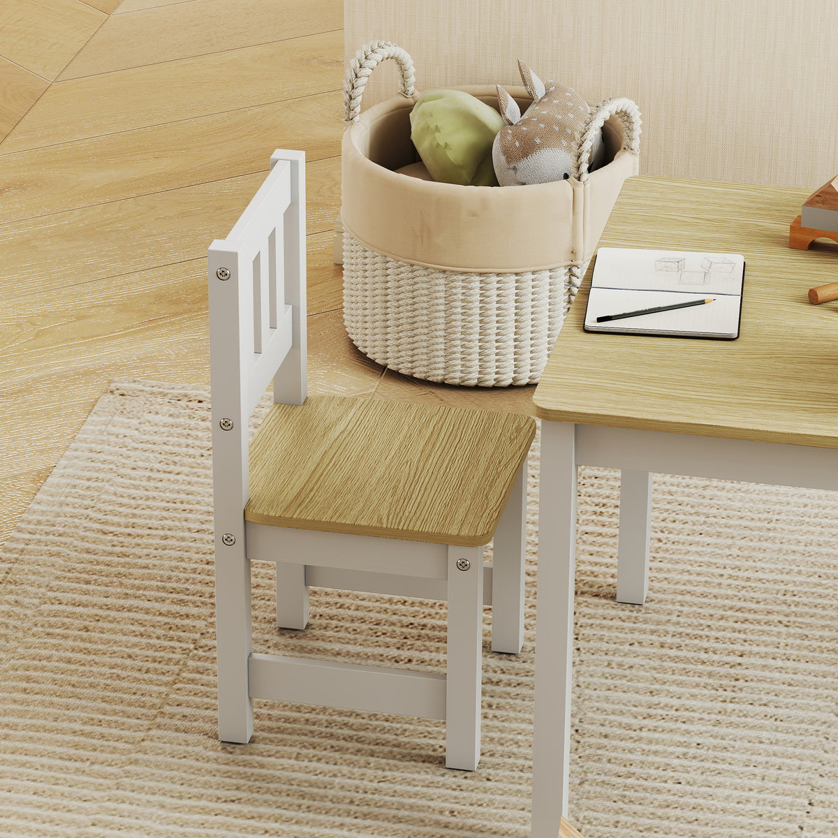 Table enfant avec chaise, lot table et 2 chaises enfant en bois pour dessiner, jouer, étudier, 56x52x48cm, bois naturel-7