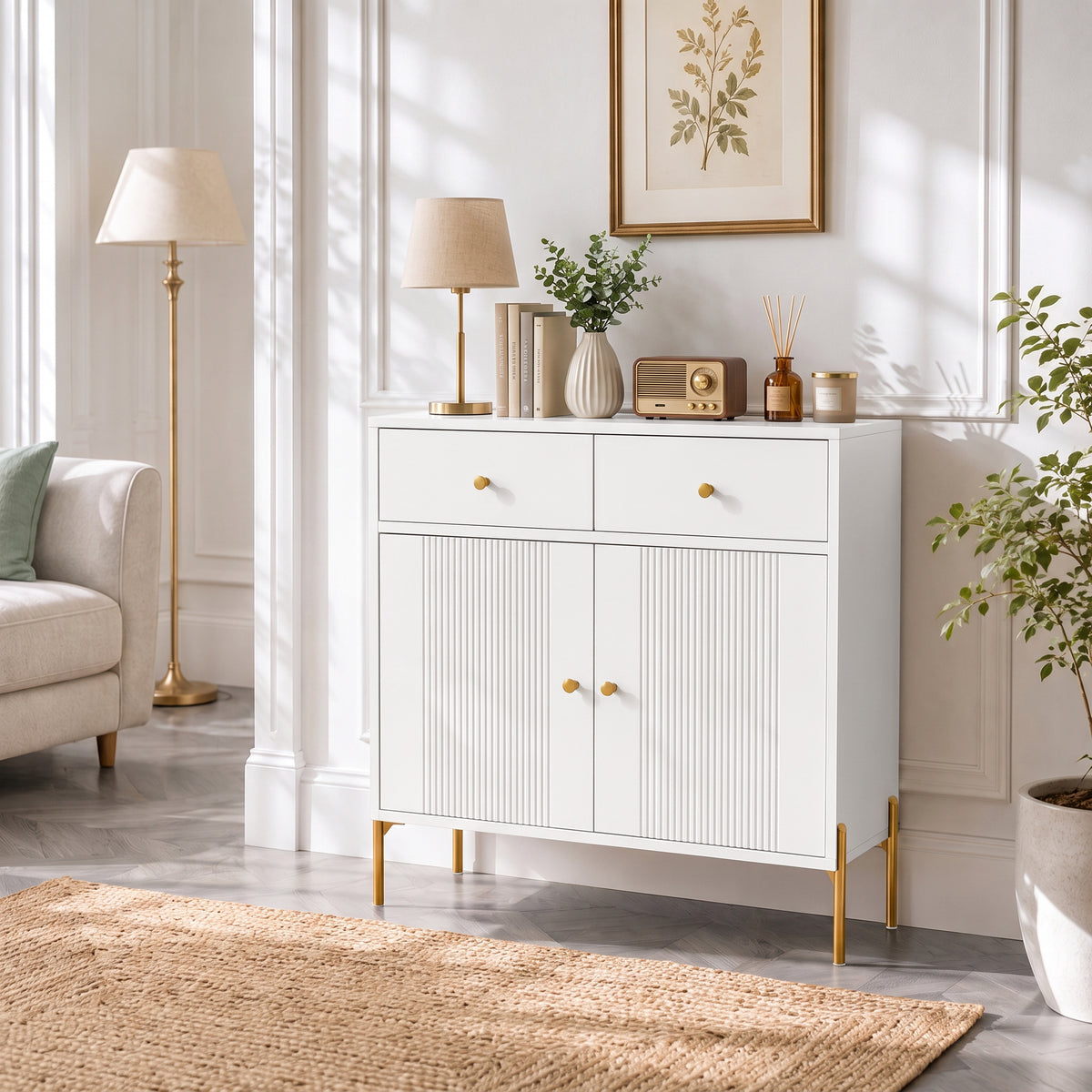 Buffet Salon, Meuble de Rangement avec 2 Portes, 2 Tiroirs, Étagères Réglables et Pieds en Métal, 80 x 39 x 86 cm, Blanc-7