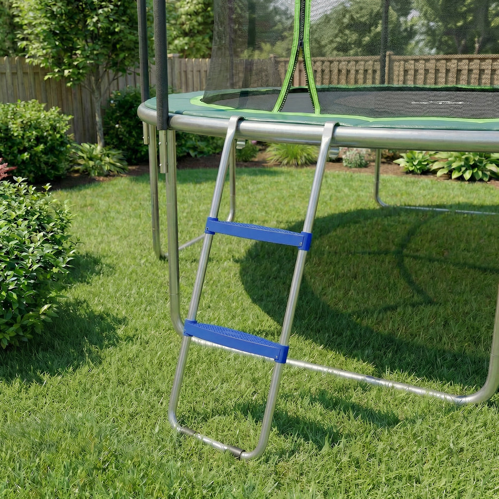 Échelle de Trampoline 2 Marches Larges avec Crochet Universel, Cadre en Acier Galvanisé, Charge 150 kg, 97x32x7 cm, Bleu-6
