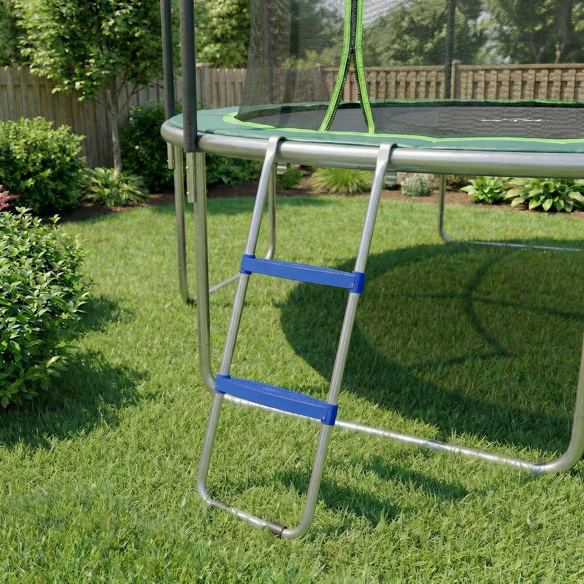Échelle de Trampoline 2 Marches Larges avec Crochet Universel, Cadre en Acier Galvanisé, Charge 150 kg, 97x32x7 cm, Bleu-6