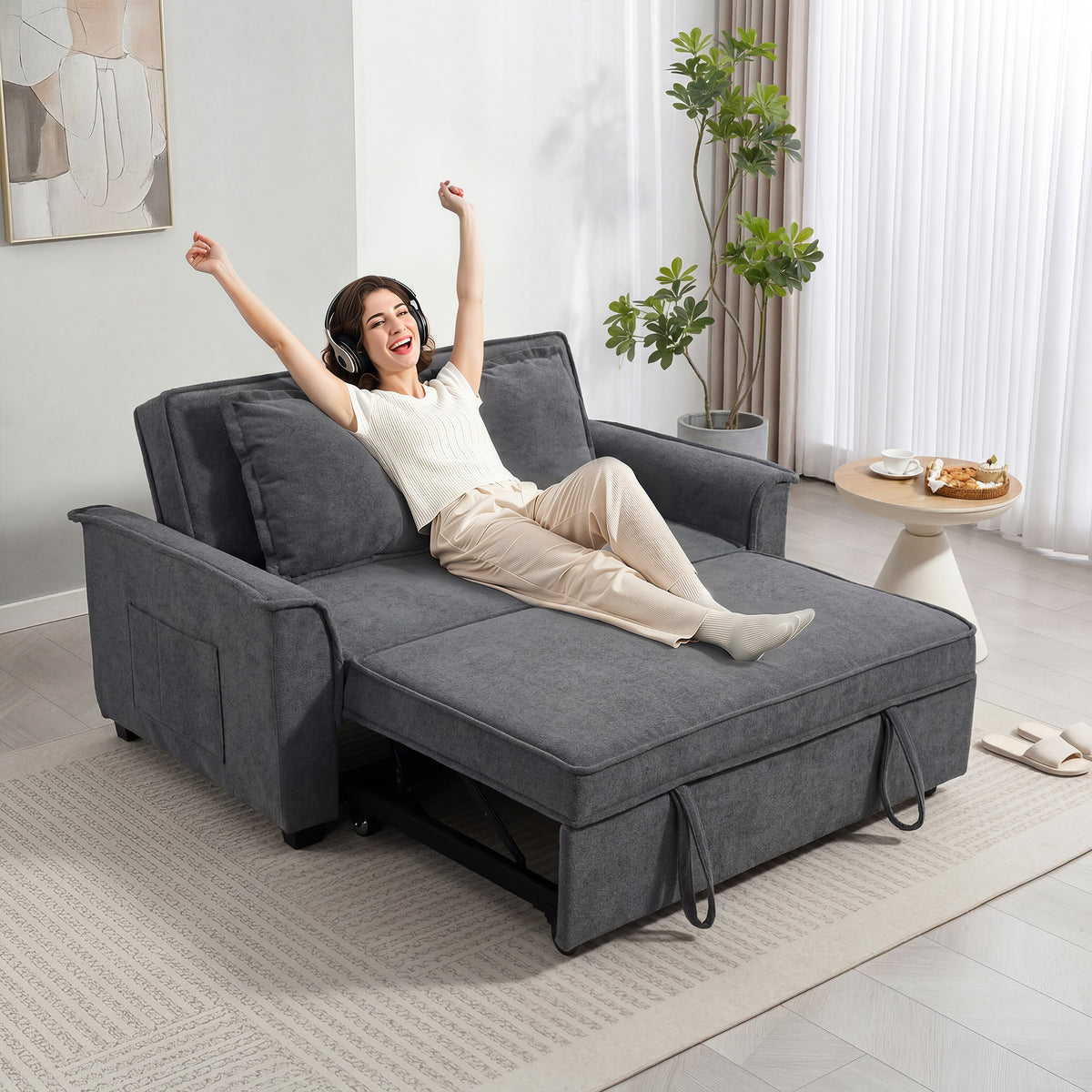 Canapé convertible 2 places, canapé-lit clic-clac en chenille, dossier réglable, 2 coussins, poche latérale, gris-8