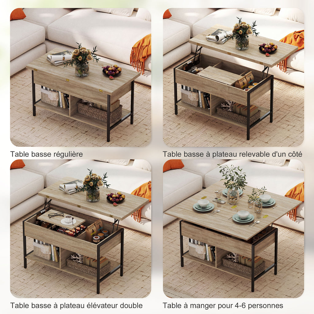 Table basse relevable et extensible, table de salon avec compartiment caché étagères ouvertes, 98x49x55cm, bois naturel-3