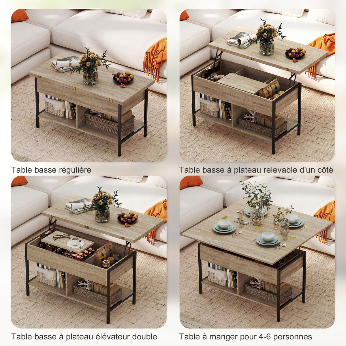 Table basse relevable et extensible, table de salon avec compartiment caché étagères ouvertes, 98x49x55cm, bois naturel-3