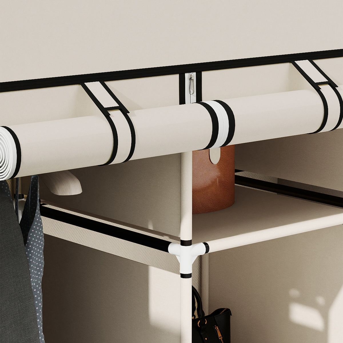 Armoire penderie multi-rangement - 8 étagères, 2 barres - non tissé crème-7