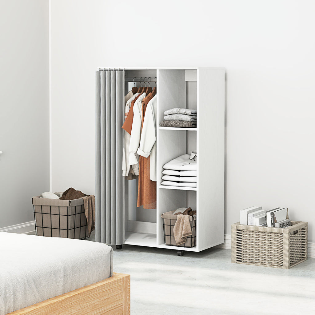 Armoire penderie vêtement dressing mobile 4 roulettes avec tringle à vêtements et étagères ouvertes, blanc-9