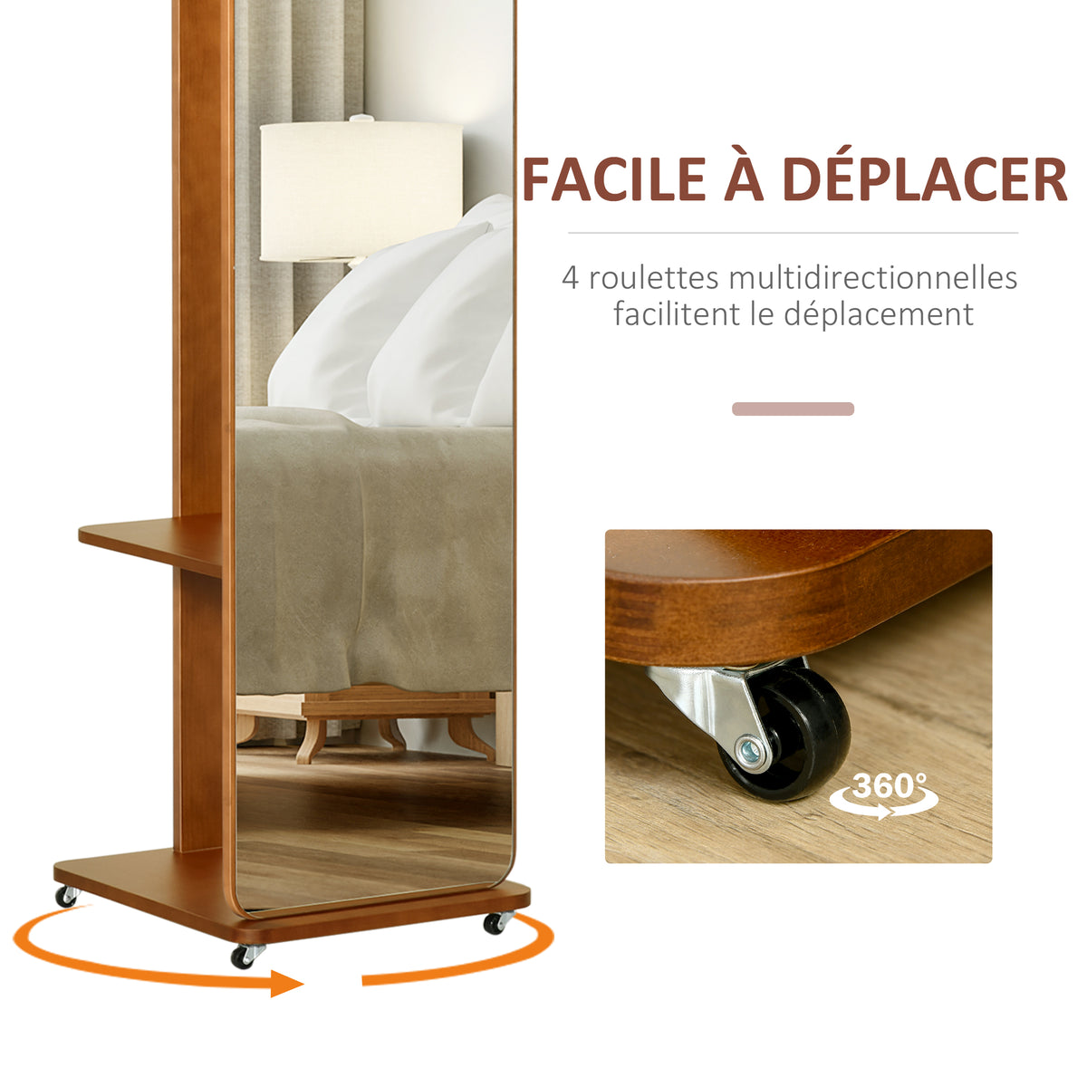 Miroir sur Pied avec roulettes - Portant, 4 patères étagère MDF Aspect Noyer-3