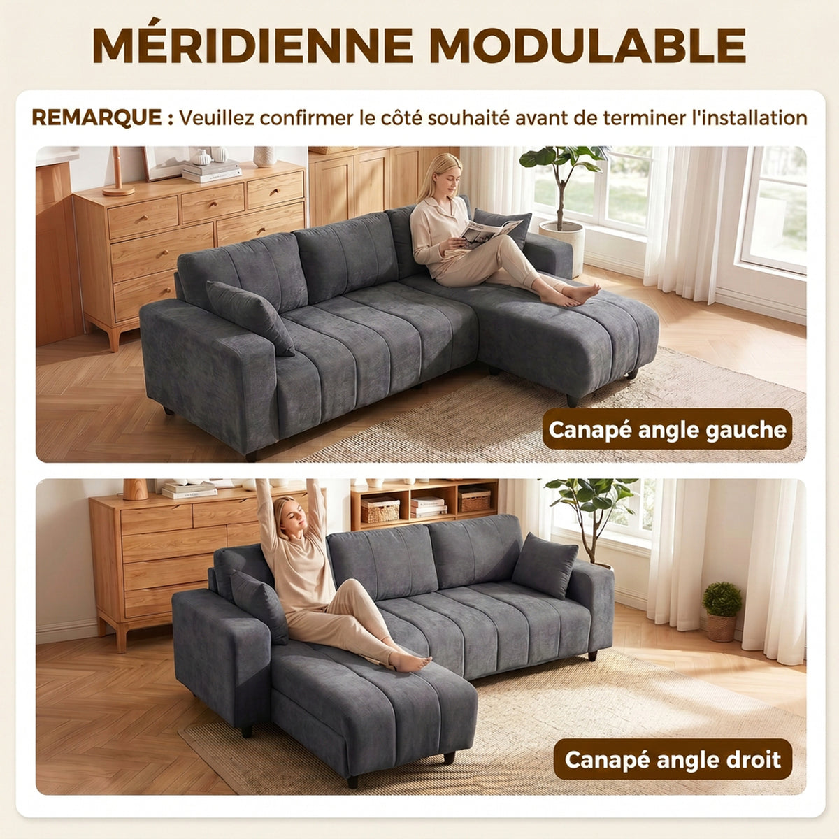 Canapé d'Angle Modulable 242 cm, Canapé 4 Places en L avec Méridienne Réversible, 2 Oreillers, Tissu Aspect Lin, Gris-3