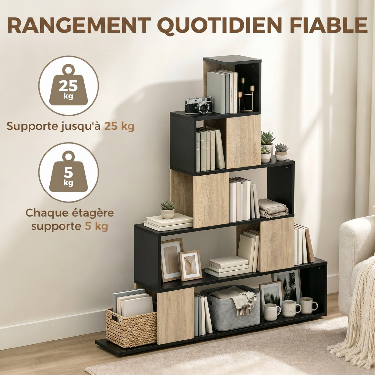 Étagère de rangement, bibliothèque géométrique à 5 niveaux, pour bureau, salon, chambre, noir et bois naturel-5
