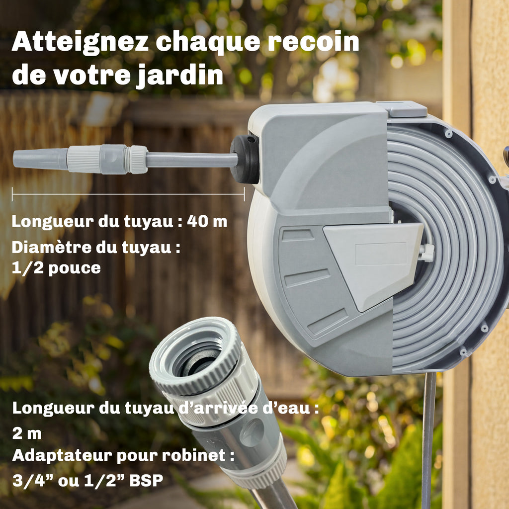 Enrouleur Tuyau Arrosage Mural 40+2 m x Ø 15mm, Dévidoir de Tuyaux d'Eau Rétractable Automatique Pivotant à 180°, Gris-3