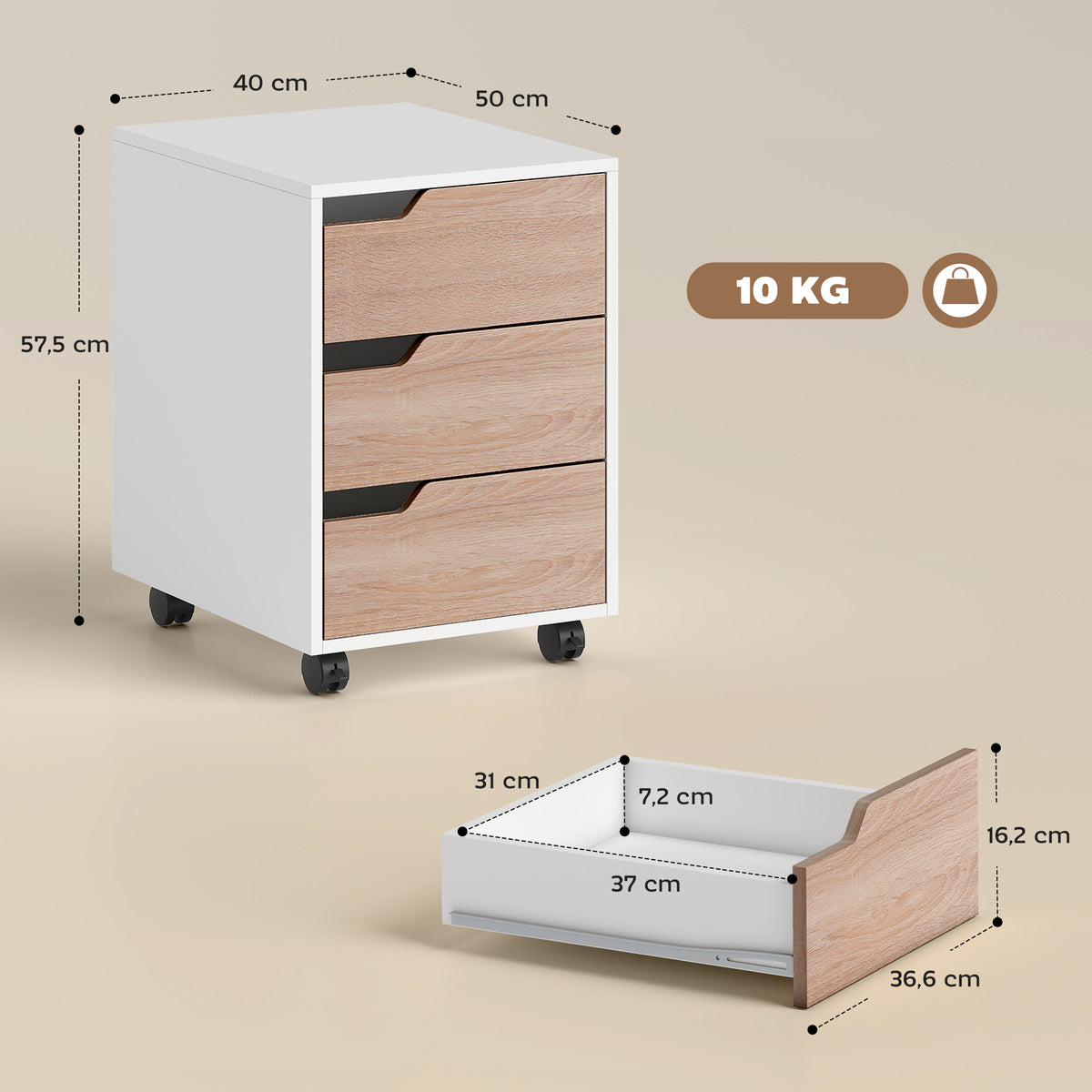 Caisson bureau mobile, meuble rangement bureau sur roulettes, 3 tiroirs, 40x50x57,5cm, blanc et chêne-2