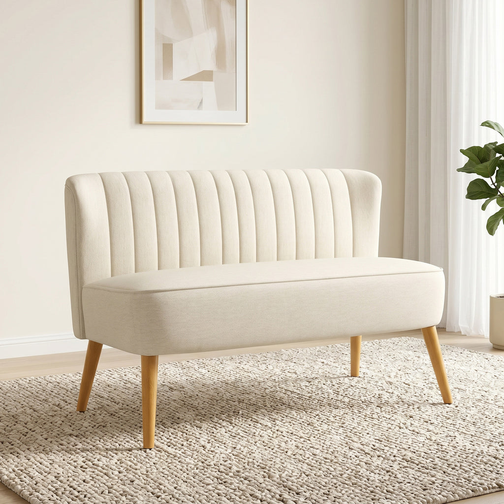 Canapé 2 places, canapé de salon en tissu aspect lin, assise rembourrée et pieds en bois d'hévéa, 117x56,5x77cm, crème-1