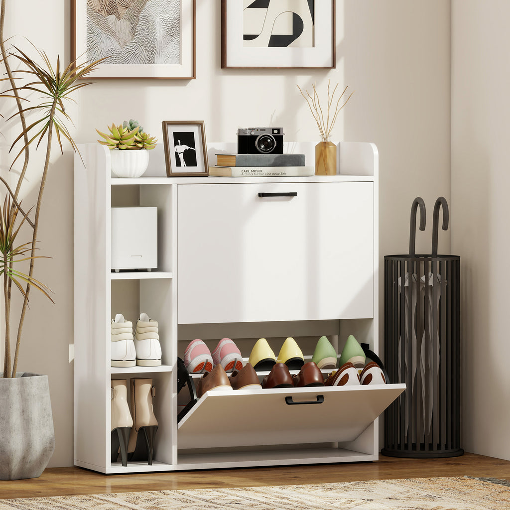 Meuble à chaussures 15 paires, armoire à chaussures moderne avec 2 tiroirs rabattables, 83x24x90,5cm, blanc-9
