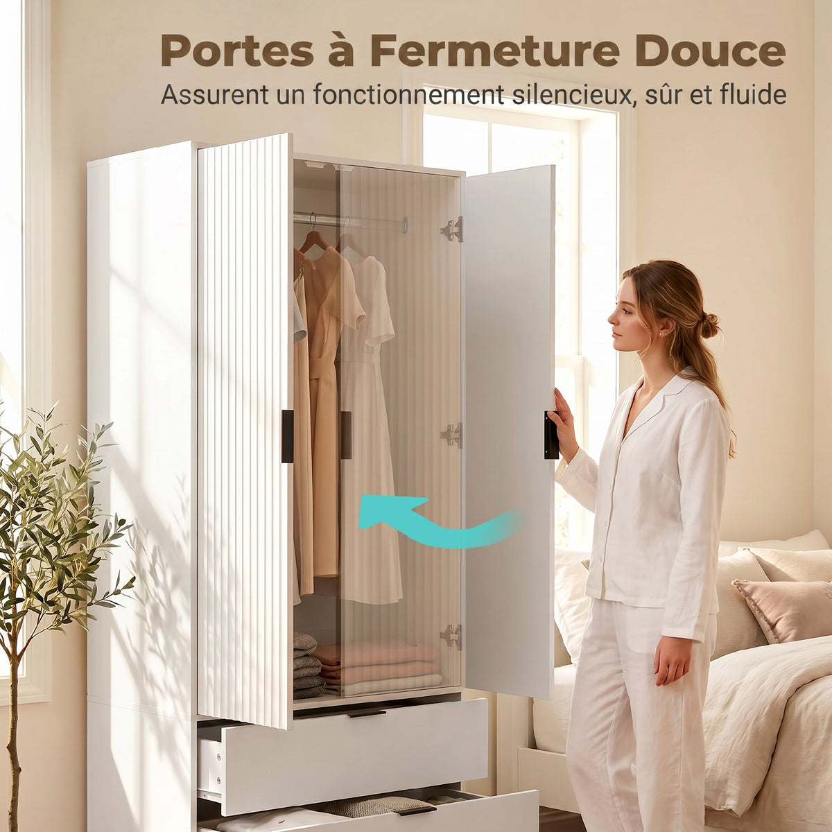 Armoire chambre penderie avec 2 portes à fermeture douce, 2 tiroirs et barre de suspension, 80x50x180cm, blanc-5