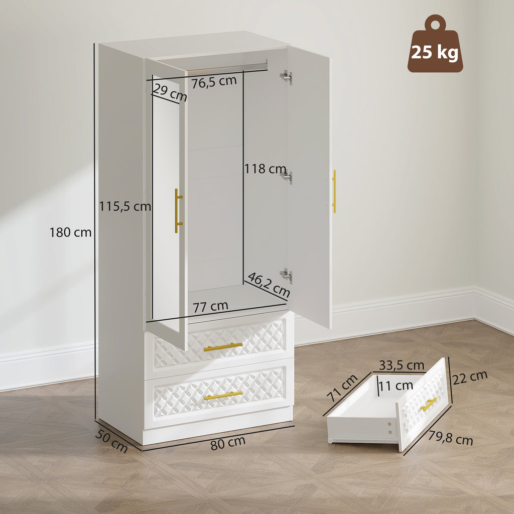 Armoire chambre penderie avec miroir, 2 tiroirs, 2 portes et barre de suspension, 80 x 50 x 180 cm, blanc-2