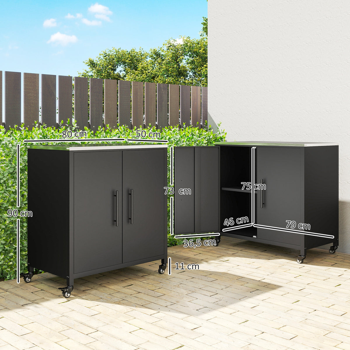 Armoire de jardin en Métal, Armoire de Rangement Extérieur, Toit en Acier Inoxydable et Roulettes, Noir-2
