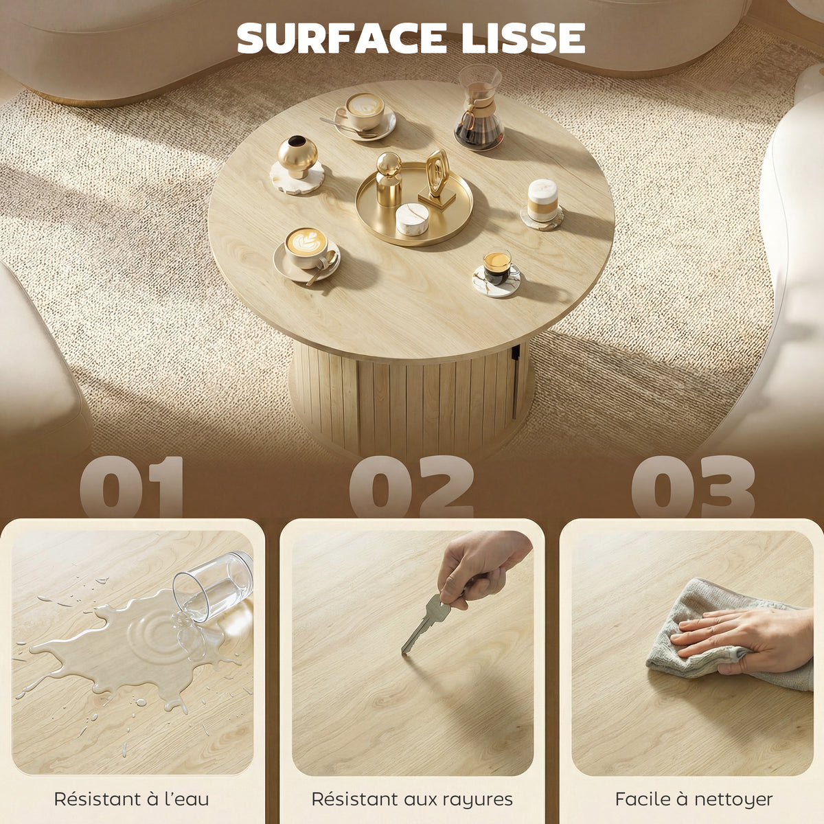 Table basse ronde, table de salon avec rangement, porte coulissante à lattes, 2 étagères, effet bois naturel-5