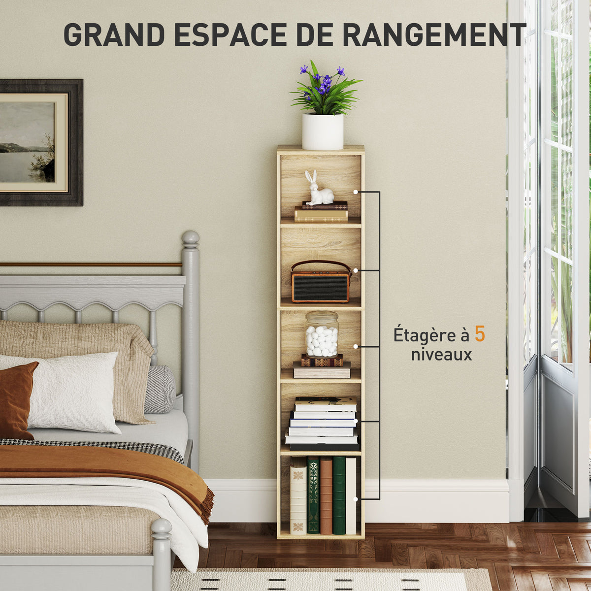 Bibliothèque étagère de rangement 5 niveaux avec étagères réglables pour salon, chambre, bureau, 30x24x133,5cm, naturel-3