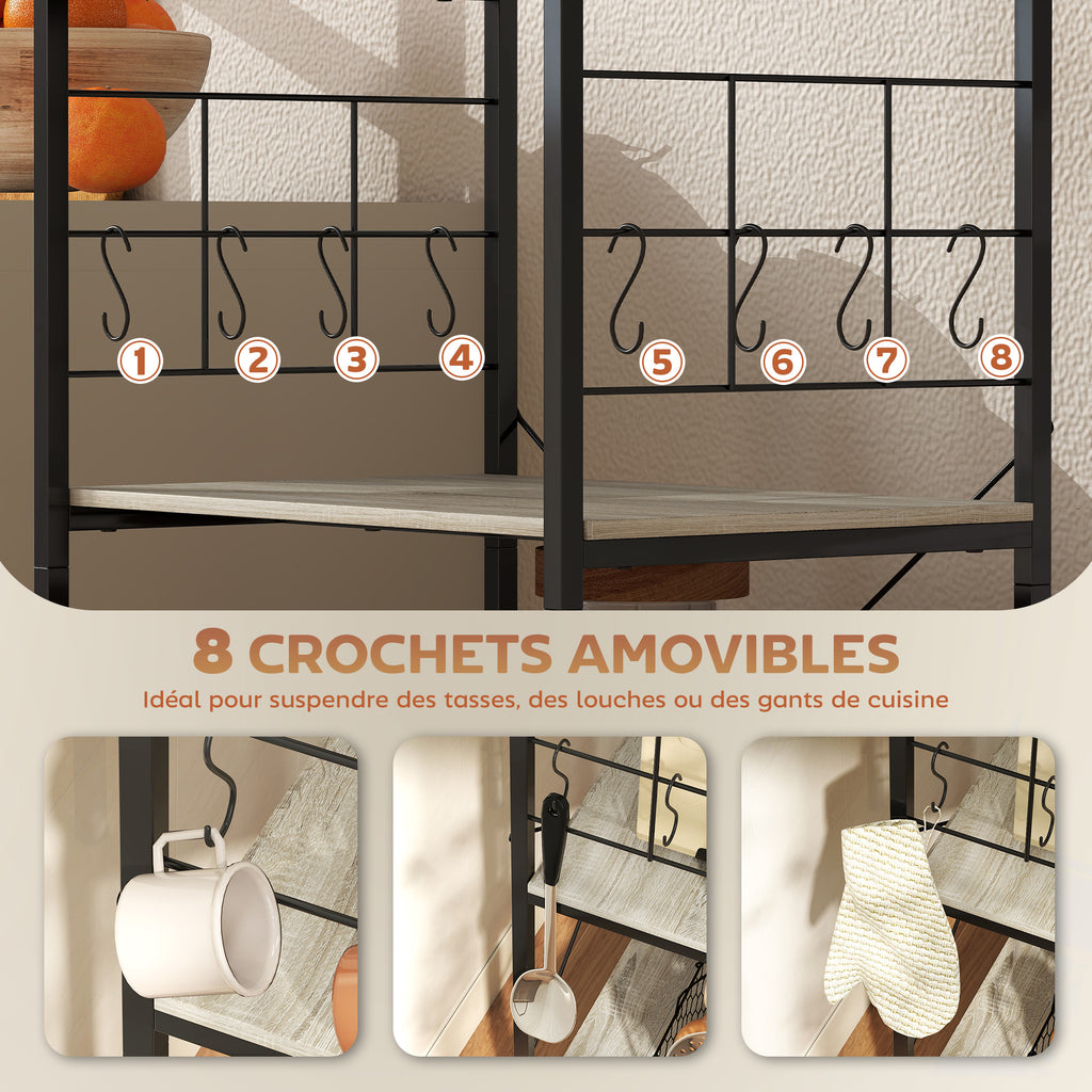 Étagère de cuisine, support pour micro-ondes, avec panneau grillagé, 8 crochets, 60 x 42 x 134,5 cm, chêne-4